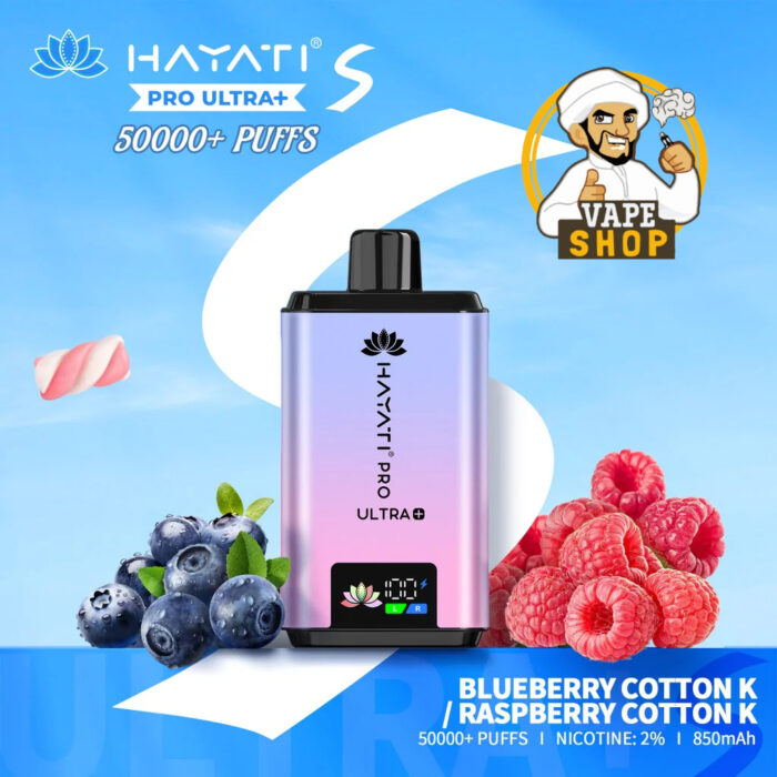Hayati Pro Ultra Plus 50000 Puffs 20MG Nicotine Blueberry Cotton K Raspberry Cotton K