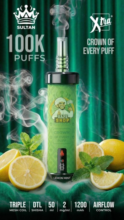 sultan xtra shisha dtl 100k puffs 2mg nicotine triple mesh vape lemon mint