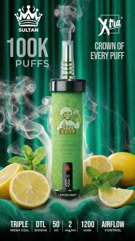 sultan xtra shisha dtl 100k puffs 2mg nicotine triple mesh vape lemon mint