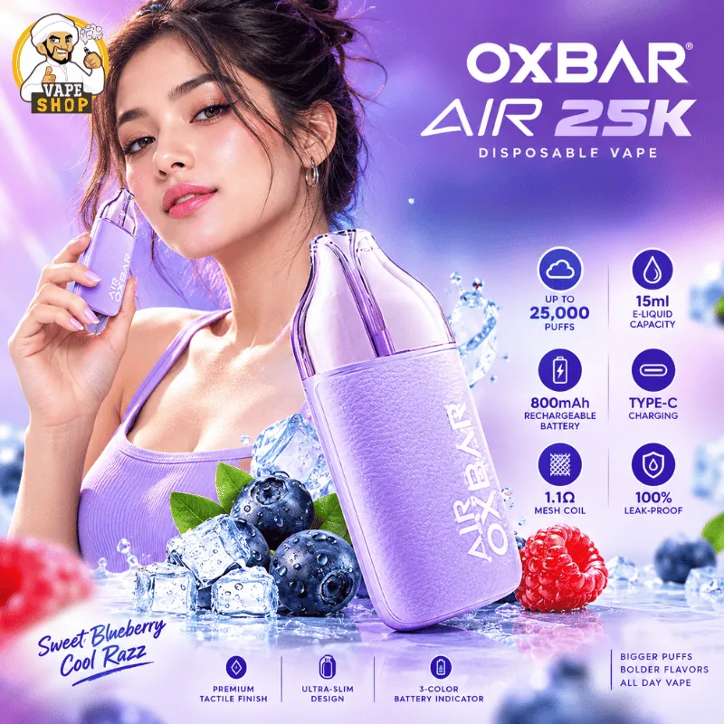 oxbar air 50mg nicotine 25000 puffs anti liquid leak and clear tank vape